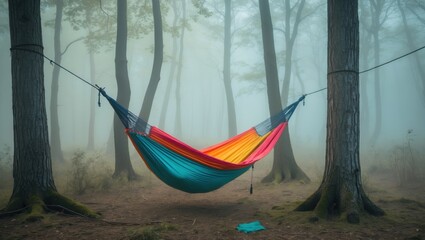 Hammock between Trees in Fog. Colorful hammock hanging in a forest with dense fog