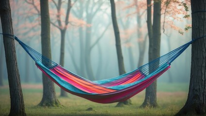 Hammock hanging among trees. Colorful fabric strung between tree trunks in misty forest during daytime