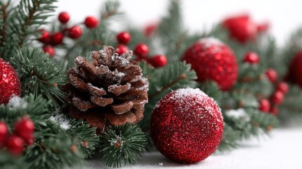 Obraz premium Festive Arrangement of Pine Cones, Red Ornaments, and Green Foliage on an Elegant Winter Background for Holiday Celebrations and Decorating Ideas