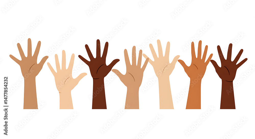 Poster diverse hands reaching upward representing unity and inclusion on white background