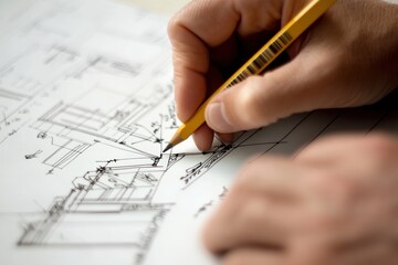 Close-up view of hands sketching architectural plans on paper.