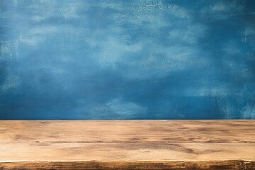 Wooden tabletop against a textured, deep blue wall