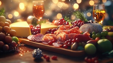 A stunning holiday charcuterie board with cheese, fruits, and meats for celebrations, photography of still life concept.