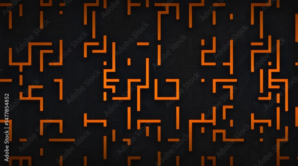 Poster Black and orange abstract pattern with many lines. The pattern is made up of squares and triangles