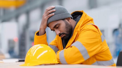 Tired construction worker in reflective jacket and helmet sitting indoors, feeling stressed or exhausted. Concept of burnout, fatigue, mental health and job pressure in industrial work.