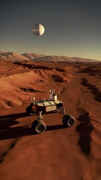 Robotic rover traversing rocky martian landscape, distant phobos looming against dusky horizon, capturing interplanetary exploration essence