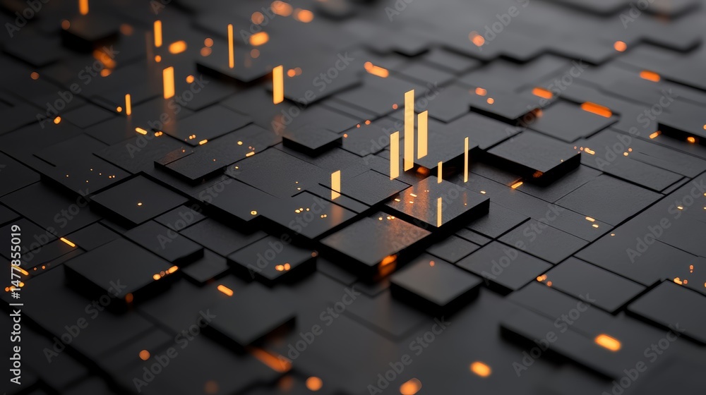 Poster black and orange background with a grid of squares. the squares are lit up with orange and yellow li