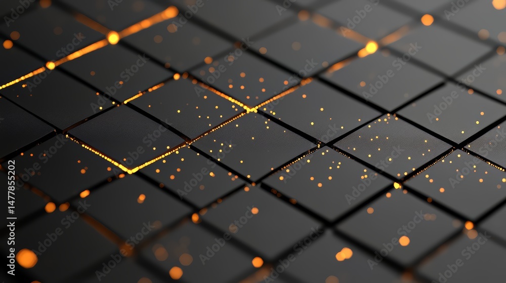 Poster black and orange background with a grid of squares. the squares are lit up with orange and yellow li