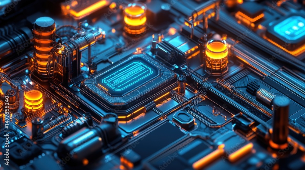 Poster close-up view of a complex technological circuit board.