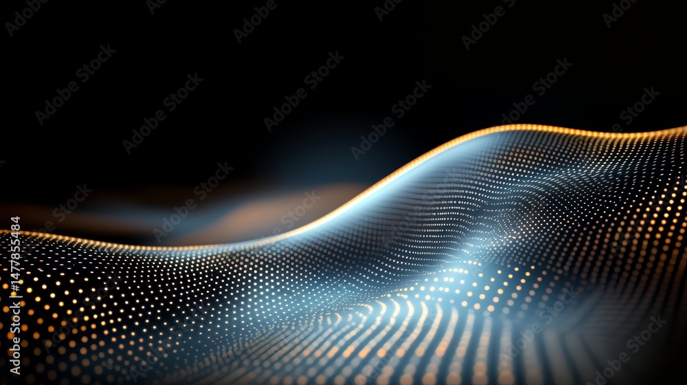 Aufkleber black and orange wave with many dots. the dots are yellow and the wave is blue. the image has a futu