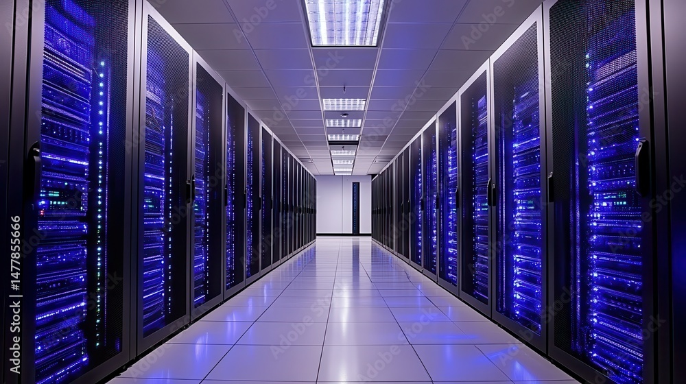 Poster modern server room with glowing blue data racks, showcasing cloud computing, cybersecurity, and digi