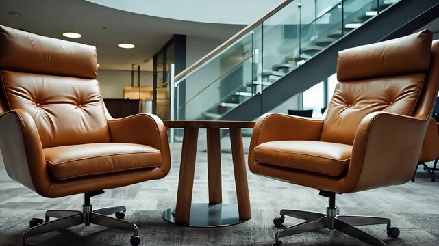Two brown leather swivel chairs facing each other with wooden round table in modern office interior near staircase and glass railings

