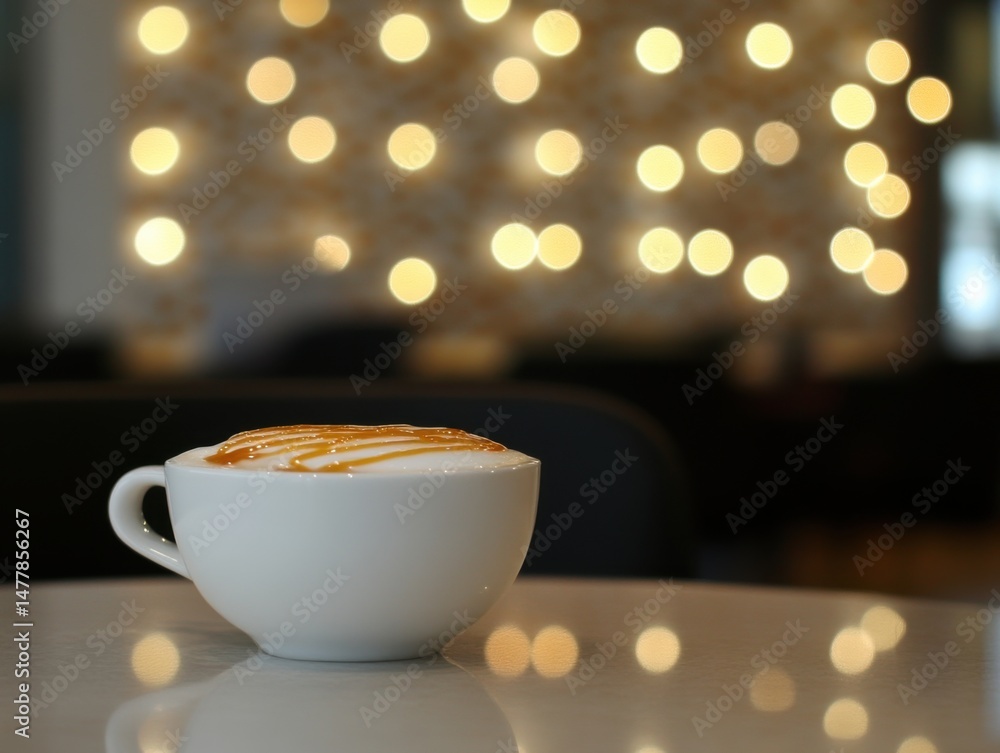 Poster caramel latte close up shot in cafe setting with bokeh lights creating warm inviting atmosphere on t