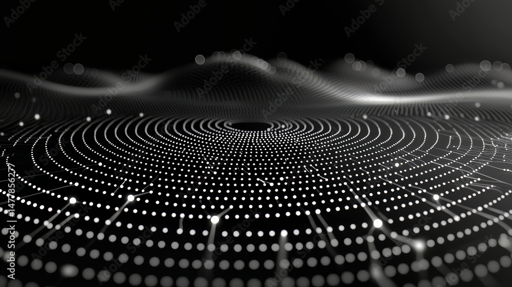 Poster black and white image of a circle with many dots. the dots are arranged in a spiral pattern