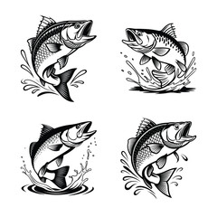 Fototapeta premium Jumping Bass Fish Black and White Vector Illustration