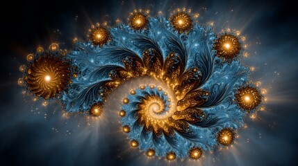 Elegant fractal spiral radiating golden light