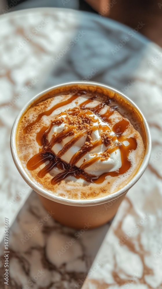 Poster overhead shot of caramel latte with whipped cream and crumble topping on marble table in cafe settin