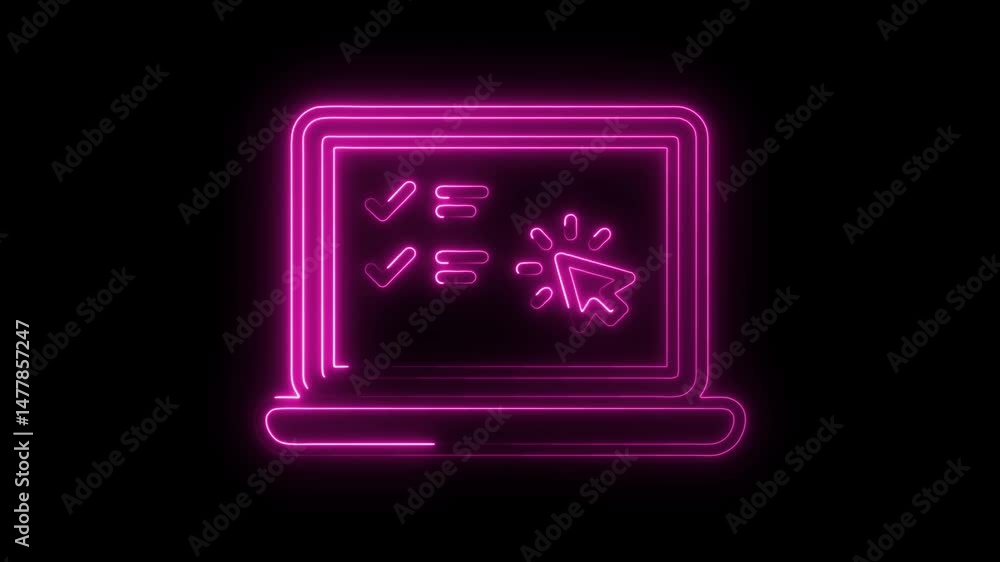 Poster glowing neon laptop screen with checklist and cursor animation on dark background