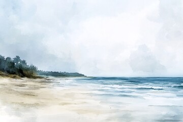 Tranquil Watercolor Seascape with Lush Greenery &ndash; Serene Coastal Horizon and Soft Cloudy Sky