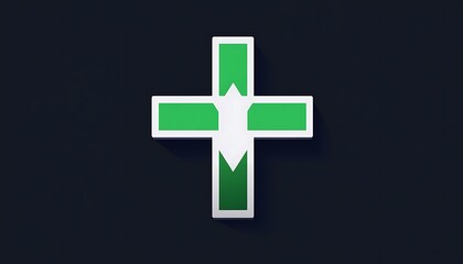 Obraz premium Cross vector icon in green and white for healthcare on a simple solid dark background