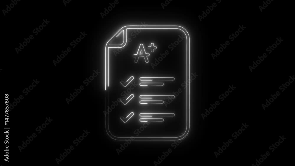 Poster Glowing neon a plus grade report with check marks on dark background