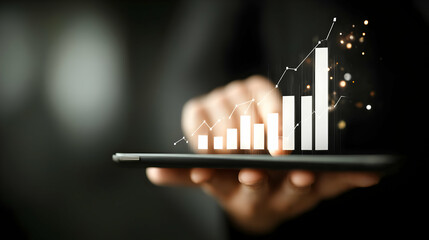 focused on virtual graphs and charts floating above tablet