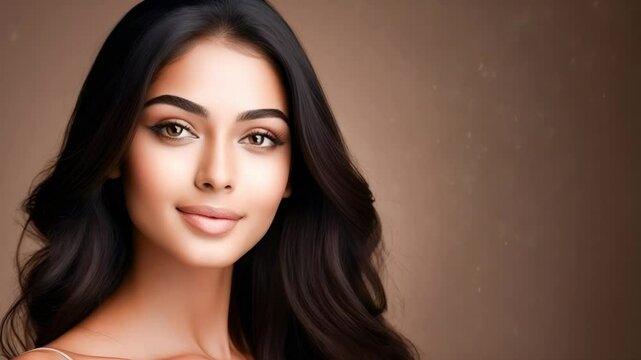 Beauty Indian woman with neat hair and healthy skin looks at the camera and touches her face with her hands. natural makeup of a young beautiful model on a beige studio background with copy space. cos