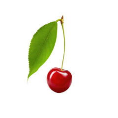 Single Red Cherry With Green Leaf And Stem  isolated on a transparent background