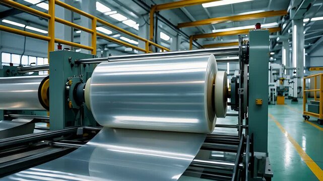 Large industrial roll of aluminum sheet metal unwinding through processing machine inside modern factory with yellow beams and high ceiling


