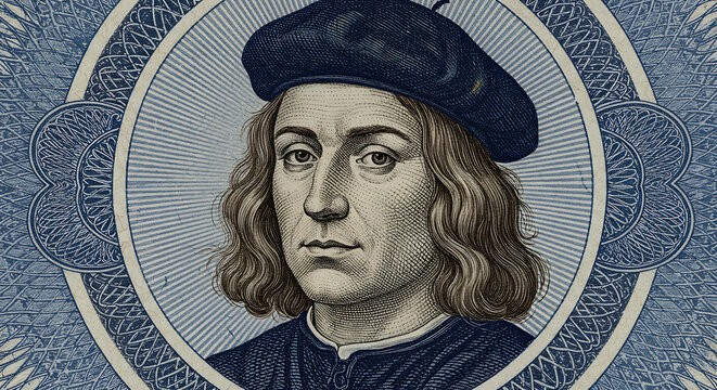 Engraved Portrait of a Man with Beret and Wavy Hair on Decorative Background