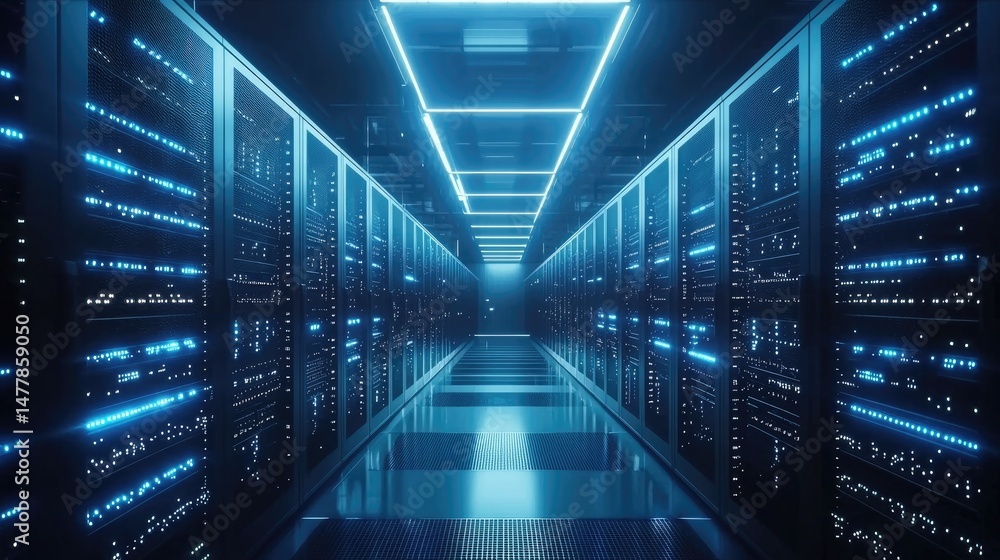 Poster Bright data center with illuminated ceiling grid and symmetrical rows of servers glowing in blue. Perfect for tech ads, cloud hosting, and digital transformation campaigns