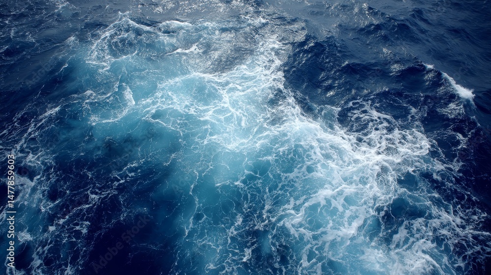 Aufkleber Aerial view captures the deep blue ocean showcasing dynamic wave patterns and gentle reflections of the sky, highlighting nature's beauty during the day