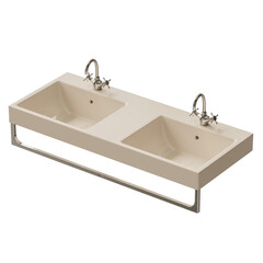 A white sink with two faucets and a towel hanging over it