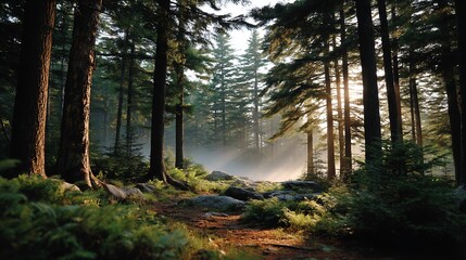 Obraz premium Ethereal sunlit pathway through misty forest