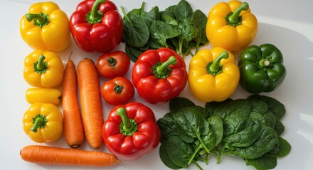 Colorful vegetables including peppers carrots tomatoes and spinach arranged on a white surface.