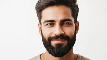 Obraz premium portrait of an attractive indian male in his 30s with a beard smile and looking into the camera isolated against a white background