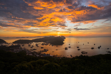 Breathtaking sunset over the harbor in Labuan Bajo Komodo Indonesia