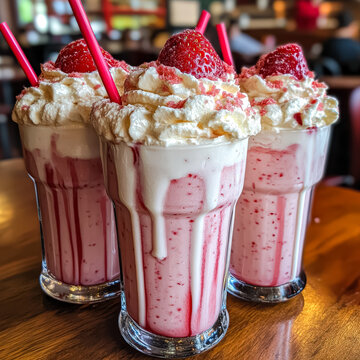 Three glasses of strawberry milkshakes with whipped cream and strawberry on top