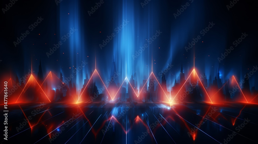 Aufkleber blue and red background with a cityscape in the foreground. the cityscape is lit up with neon lights