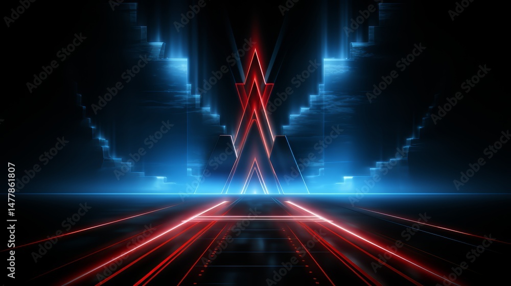Poster Blue and red background with a red arrow pointing to the left. The background is a dark blue color