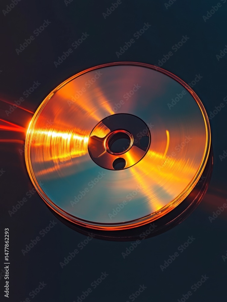 Poster golden cd disk reflecting light in studio shot on black background with smooth surface and metallic 