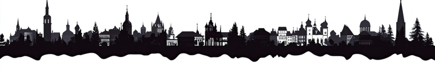 Fototapeta premium Abstract Black Silhouette of City Skyline with Churches on Transparent Background