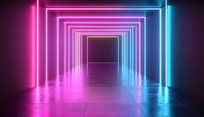 Vibrant neon glow corridor perspective.