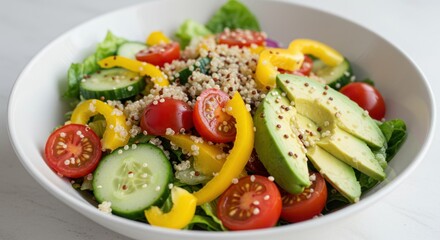 Salad with tomatoes cucumbers avocado peppers and quinoa in a white bowl.