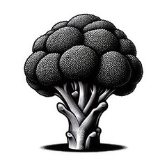 Detailed Black and White Illustration of a Broccoli Head