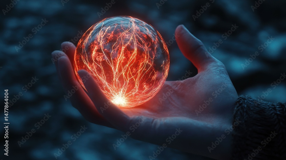 Poster hand holding a glowing ai sphere symbolizing the power and potential of artificial intelligence.