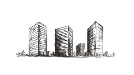 Office buildings hand drawn outline doodle icon. City downtown, business center, real estate and rent concept. Vector sketch illustration for print, web, mobile and infographics on white background. 