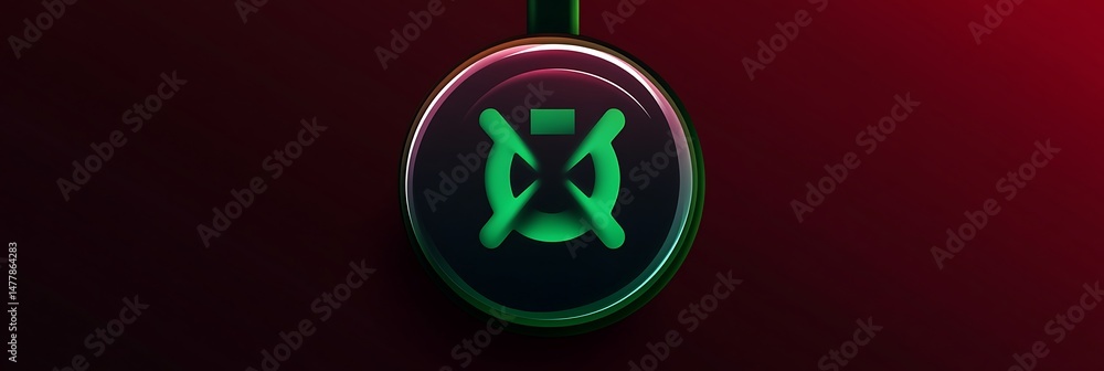 Poster green power button vector icon on a dark red gradient background, with a glossy finish