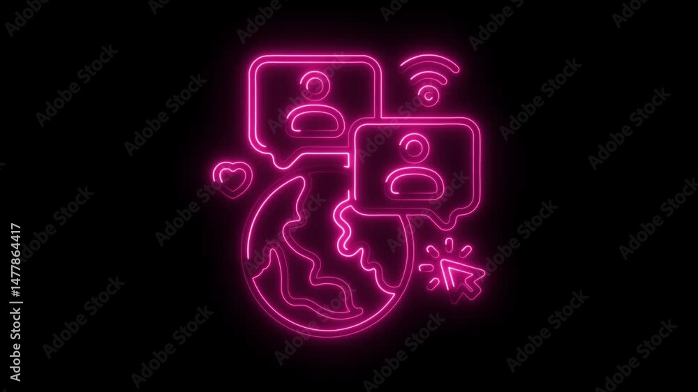 Poster neon social media connection concept with worldwide communication and global networking with pink gl