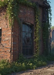 Overgrown vines, crumbling brick, rusted machinery silhouette,  dark,  industrial,  harsh